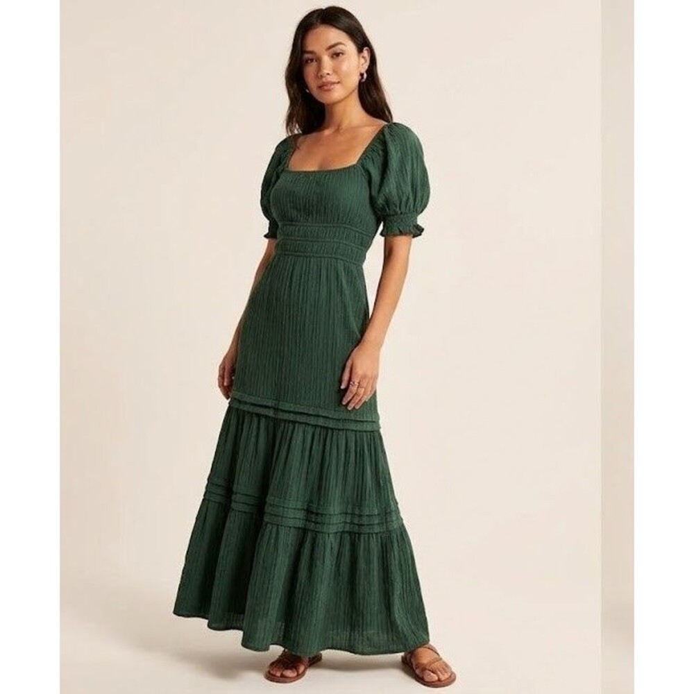 Max + Ash Boho Tiered Green Puff Sleeve Maxi Dress  Cottagecore sundress Small